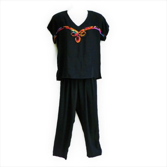 Vintage 3pc Black Abstract Pant Suit Blazer Blouse Trousers Basque Waist USA 10 - Picture 5 of 16